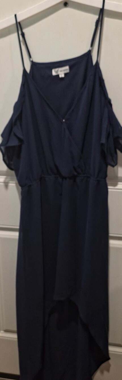 GO COCO Dress Size XL Navy Blue Cold Shoulder High Low Chiffon Wrap
